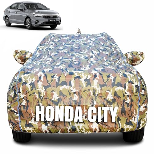 Image of 100% Waterproof Car Body Cover for Honda City with Mirror Pocket (Heat & UV Resistant, Triple Stitched, Soft Lining, Bottom Elastic & Piping) Camouflage, Military Print