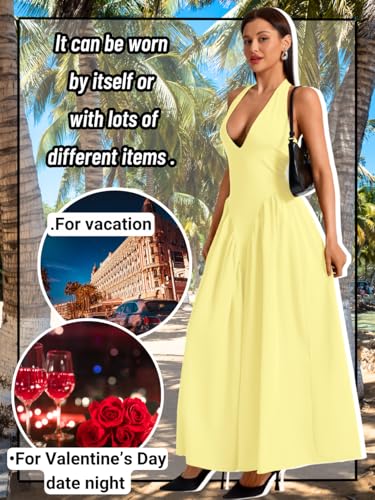Image of ChiaoLezhee Deep V Neck Dress, Halter Maxi Dresses, Vacation Date Night, Sexy for Women Corset Flowy Wedding Guest Drop Waist