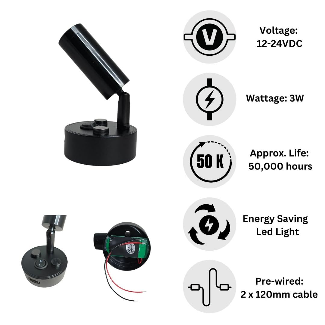 Marvix Confezione da 2 Luci di Lettura LED 12V 24V, 3000k Bianco Caldo, con Porta di Ricarica USB, Lampade Nere per Roulotte, Camper, Caravan e Barca