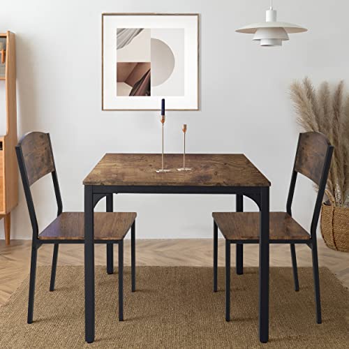 Veikous Dining Set For Small Places, Space Saving Small Kitchen Table Set For 2, 3 Piece Dining Table Set For 2 Person, Chair Supports 220Lbs, Metal Square Table And 2 Chairs Set,Rustic Black #TOP6