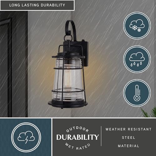 VAXCEL Montauk 15 in. H 1-Light Textured Black Dusk to Dawn Sensor Coastal Outdoor Wall Sconce, Durable Steel, Clear Glass Shade, LED Compatible for Exterior Porch Patio Front Door or Garage - Image 4