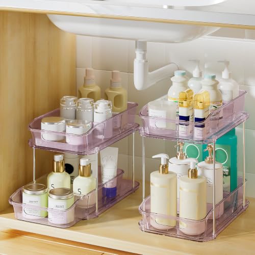 Image of Delamu 2-Tier Under Sink Organizers and Storage, Multi-Purpose Stackable Bathroom Cabinet organizers, Pull Out Kitchen Pantry Organization and Storage with Dividers(2 Pack, Purple)