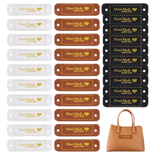 GHPKOTW 30 Handmade Labels, Custom Leather Labels, Sewing Labels with Holes, for Clothes Crafts and Knitwear, PU Leather Labels, for Clothing Crochet Jeans Bags