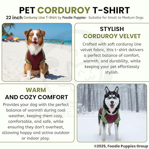 Image of Foodie Puppies Corduroy Line Velvet Pocket T-Shirt Warm Sweater Jacket - (22 inch, Olive & Maroon) for Medium Dogs | Soft, Lightweight Pet Apparel | Stylish, Comfortable, Durable, Stretchable