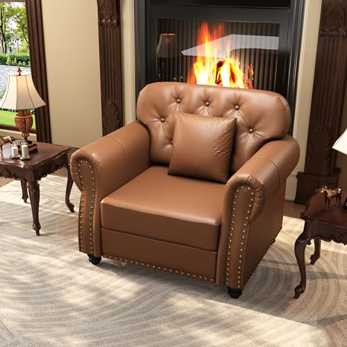 Image of KEIKI 41 inch Faux Leather Chesterfield Sofa with Rolled Arms & Nailhead Trim & 1 Ottoman, 1-Seater Button Tufted Couch with High Resilience Cushion & 1 Pillow, Easy Assembly, for Living Room, Brown