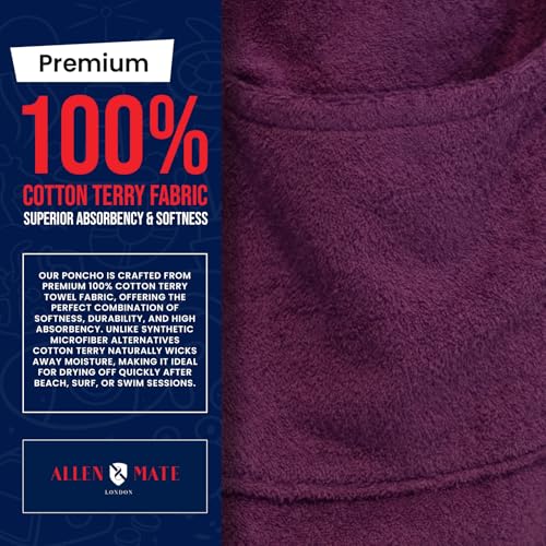 Image of ALLEN & MATE 100% Cotton Kids Hooded Surf Poncho Changing Robe, Quick Absorbent Wearable Swim Towel Boys & Girls, 6-13 Years