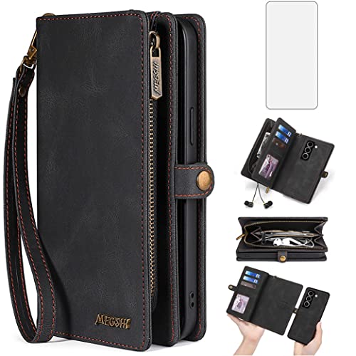 Asuwish Phone Case for Samsung Galaxy S23 5G Zipper Wallet Detachable Cover with Tempered Glass Screen Protector and Leather Flip Card Holder Cell S 23 23S GS23 G5 SM-S911U 6.1 inch Women Men Black