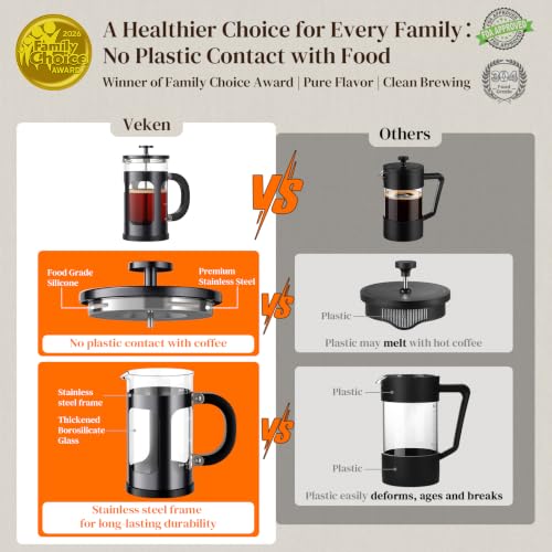 Image of Veken French Press Coffee Maker,No Plastic Touches Cafe,21oz 0.6L Small Pot | Heat Resistant Thickened Borosilicate Glass Stainless Steel Brewer, Single Serve,Kitchen,Travel,Camping,Tea,Gifts,Dark Pewter