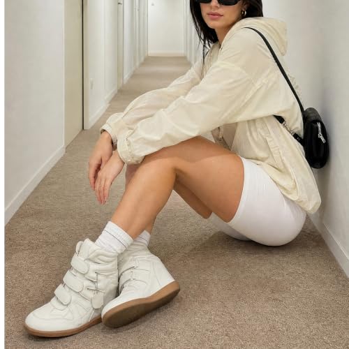 Image of Dsevht Hidden Wedge Sneakers for Women High Top Fashion Sneaker Suede High Heel Platform Tennis Triple Strappy Band Casual Vintage Dressy Comfy Campus Trendy Retro Sneaker