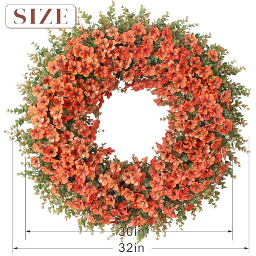 Image of 32 inch Large Artificial Silk Flower Eucalyptus Wreath for Outdoor(Fall Orange) | Large Silk Wreath, Faux Starry Sky Morning Glory Flowers&Eucalyptus Leaves, for Porch /Wall /Window /Farmhouse /Autumn Decoration