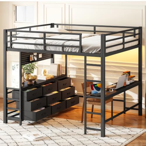 Image of Bellemave Queen Size Loft Bed Frame with Desk and Storage Drawers,Black
