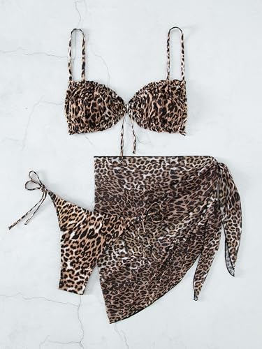 Verdusa Women's 3 Piece Leopard Print Tie Side Thong Halter Bikini with Beach Skirt Swimsuits3