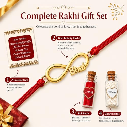 Image of Gold Plated Designer Rakhi Bracelet for Brother | Infinity, Heart, Evil Eye & BRO Designs | Raksha Bandhan Rakhi with Roli Chawal & Greeting Card