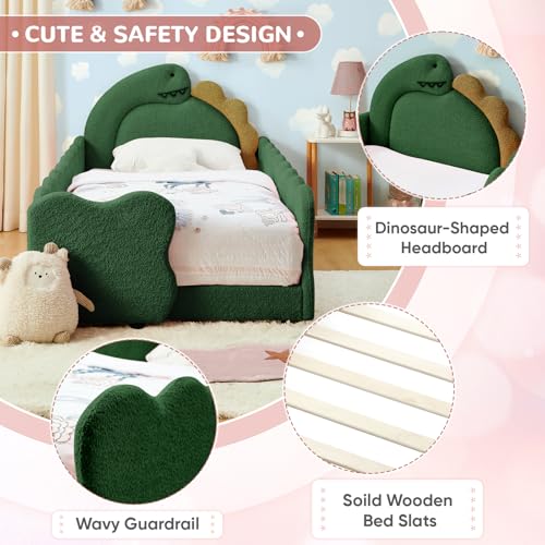 Image of Twin Size Kids Bed with Dinosaur Headboard, Upholstered Boucle Fabric Twin Daybed with Slats Support & Side Pocket, Space-Saving Wooden Corner Sofa Couch Day Bed Frame for Girl, Boy, Teenager(Green)