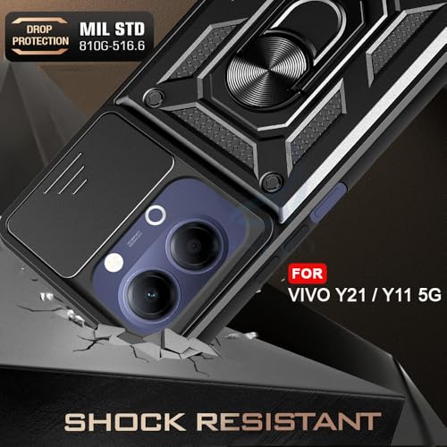 Image of AESTMO Tough Armor Vivo Y21 5G / Y11 5G Bumper Back Case Cover | Ring Holder & Sliding Camera Shield Cover | 360 Degree Protection Back Case Cover for Vivo Y21 5G / Y11 5G (Black)