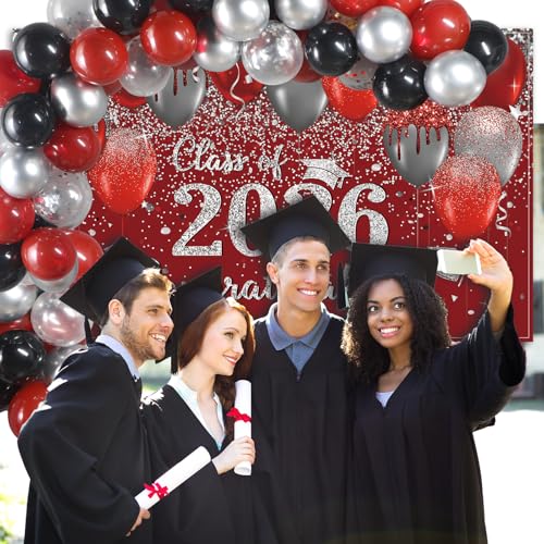 Buryeah Red and Silver Graduation Decoration 2026, Congrats Grad Backdrop Banner with 60 Latex Balloons Class of 2026 Graduation Party Supplies for School Grad Party Balloon Arch Photo Prop Decor — view 6