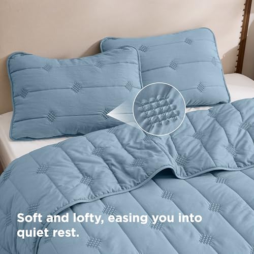 Image of Bedsure King Size Quilt - Prewashed Extra Soft Cotton-Like Polyester Bedspreads King Size, Lightweight Comforter, Includes 1 Quilt 106x96 Inches with 2 Shams, Machine Washable, Dusty Blue