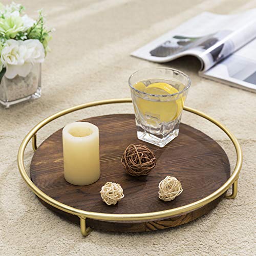 Mygift 12-Inch Burnt Wood Decorative Tray With Vintage Brass Metal Wire Frame, Round Display Coffee Table Serving Tray #TOP1