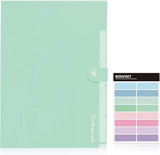 KONVINIT Document Folder A4 Expandable Folder A4 Folder with 5 Pockets, Folder, Slim Organiser, Office, Folder Storage Plastic for File Organizer with Close Button, Green