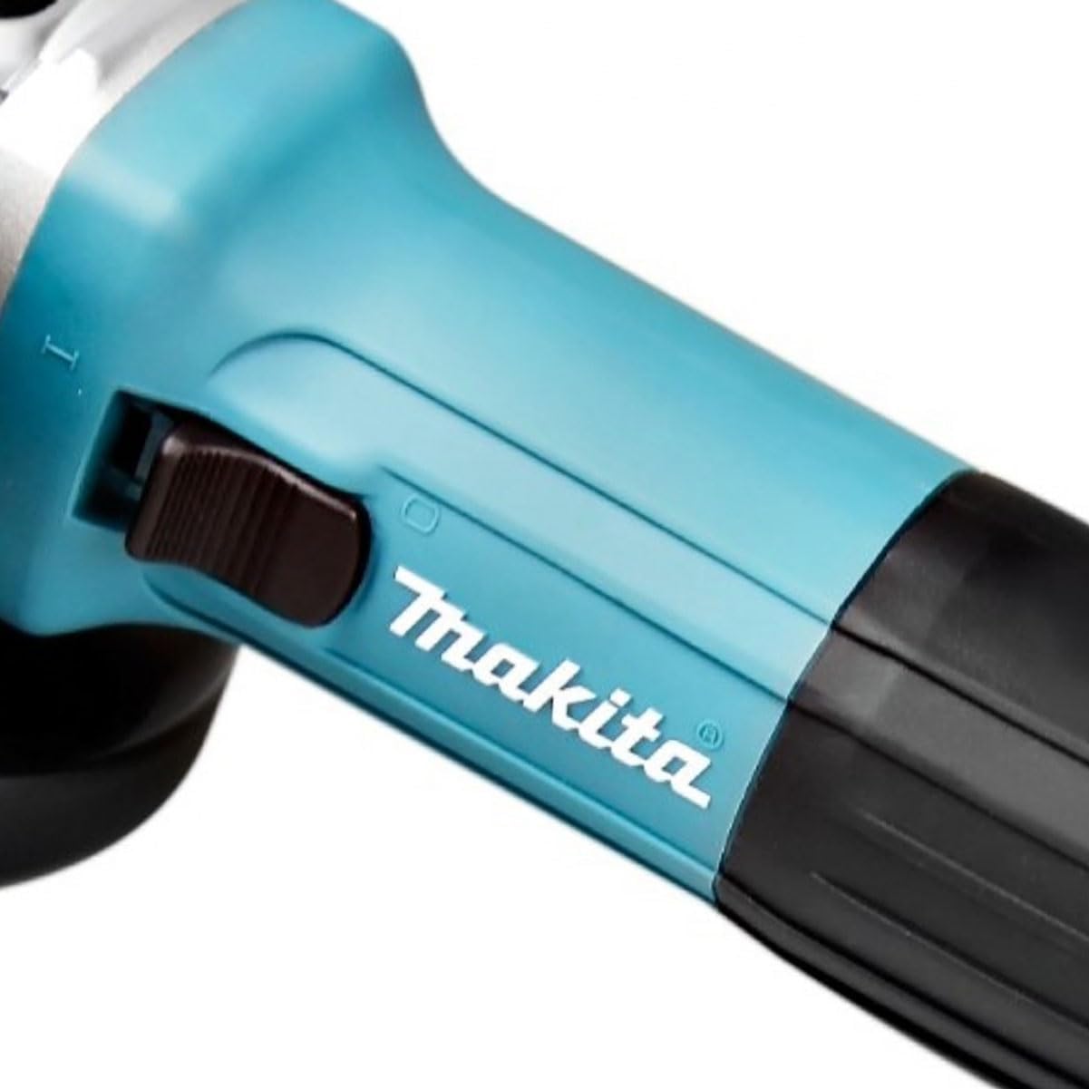 Close-up of the paddle switch on Makita GA4550 Angle Grinder