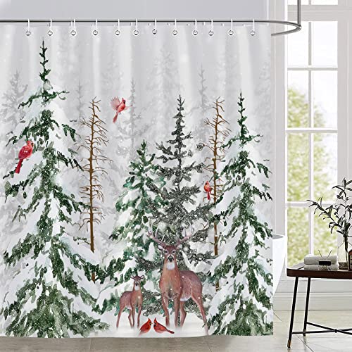 BNYARH Christmas Shower Curtain Winter Forest Deer Pine Tree Red Bird Xmas Snowflake Watercolor Country Cabin Rustic Farmhouse Holiday Bathroom Decor Curtains with Hook 70X70 Inch