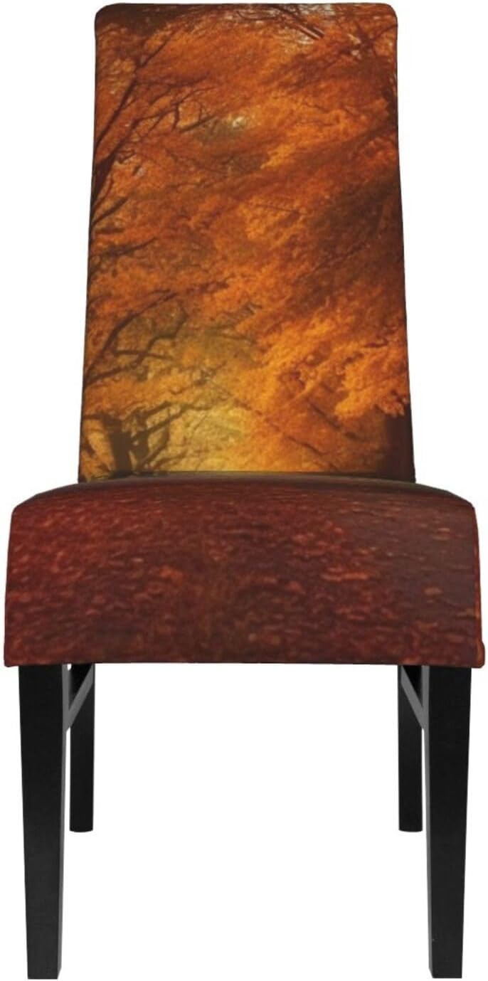 Front view of the OPSREY Morning Autumn Grove Printed Stretch Dining Chair Cover