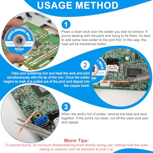 Rkiiqii 3pcs Solder Wick Braid with Flux, Upgrade Desoldering Wick (0.08/0.1/0.12in, 10ft Each) No Clean Low Residue Soldering Wick, Coated Braid for Electronics Component Repair, PCB Circuit Board - Image 5