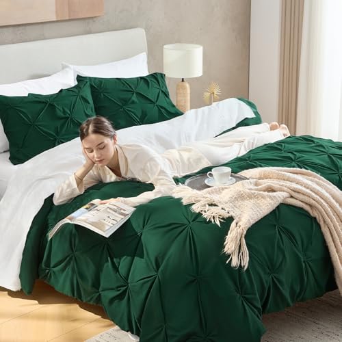 Image of Andency Dark Emerald Green Comforter Set Full, 3 Pieces Pinch Pleat Chic Bed Comforters & Sets, All Season Soft Lightweight Microfiber Boho Bedding Comforter Set(79x90In Comforter)