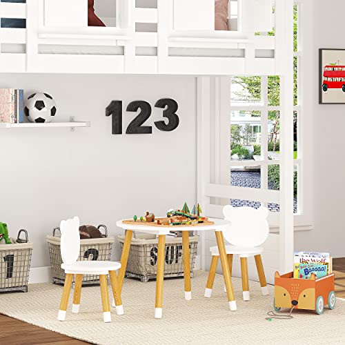 Image of UTEX Bear-Themed Wooden Toddler Table and Chair Set for Kids' Room,White | Kids Table and Chairs, Smooth Rounded Edges, Solid Wood Legs, Water-based paint for Nursery