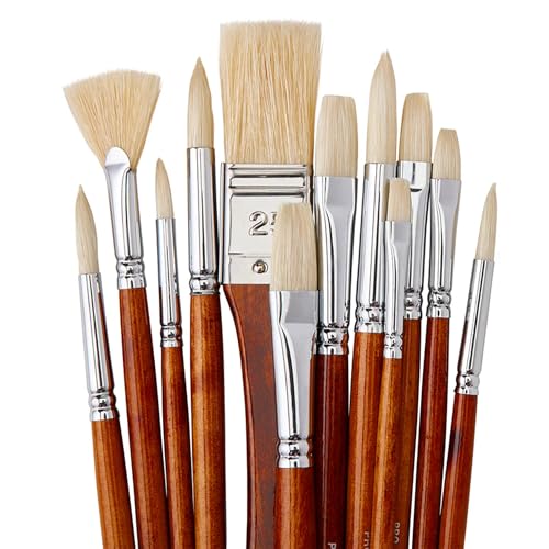 KINGART 12-Piece Long Handle White Hog Hair Artist Paint Brush Set, Perfect for Acrylic Oil Gouache Watercolor, Painting Brushes Kit for Canvas & Fabric with Storage Case
