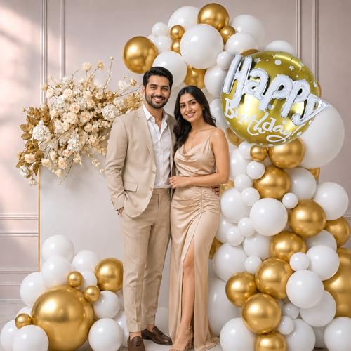 Image of Party Propz Golden and White Balloons for Birthday - 32 Pcs Happy Birthday Foil Balloon, Happy Birthday Decoration Kit for Kids, Balloon for Decoration Kit for Boys & Girls (Foil, Latex)