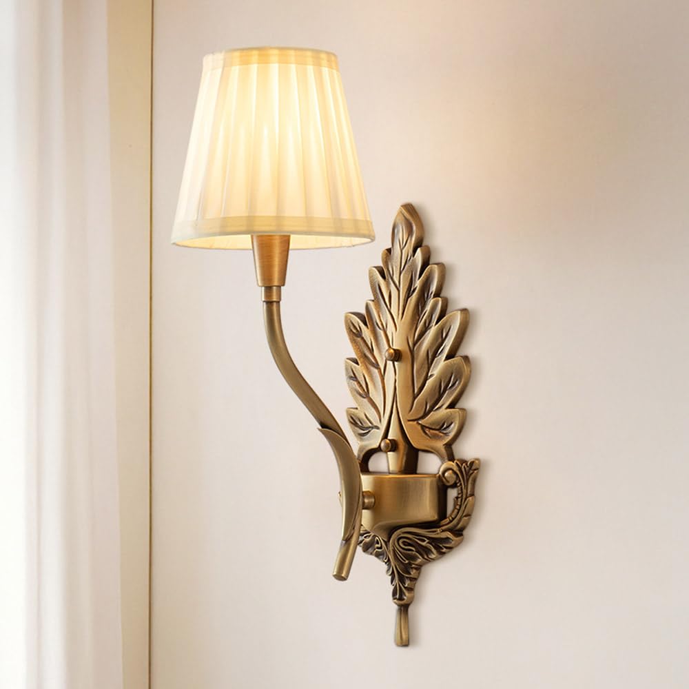 KBUUKYYXouy Wall Lights for Bedroom Antique Brass Wall Sconces Lighting Fixture E14 Vintage Farmhouse Decor Gold with Fabric Lampshade Hardwired Indoor Wall Lamps for Bedro,1-Light(1)