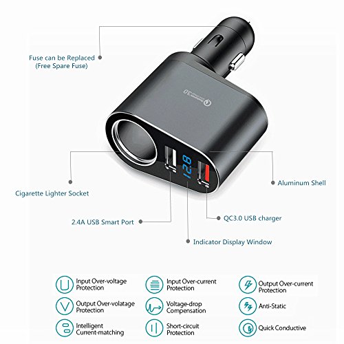 Timloon Car Charger Adapter, 60W Cigarette Lighter Socket Splitter, Dual Usb Quick Charge 3.0 And 2.4A Usb, Voltage Display For Iphone,Ipad,Smart Phone,Andriod,Samsung,Dash Cam,Gps (12V-24V) #TOP2