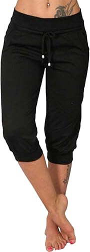 Miniatura 2 de Wankang Pantalones deportivos capri para mujer, pantalones cortos para correr, pantalones de descanso, ajuste holgado, cintura con cordón y bolsillos