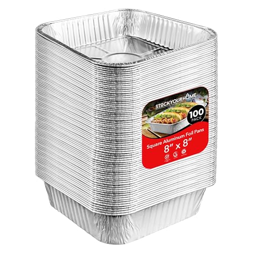 Image of Stock Your Home 8x8 Foil Pans (100 Pack) 8 Inch Square Aluminum Pans - Foil Pans - Disposable Food Containers Great for Baking Cake, Cooking, Heating, Storing, Prepping Food