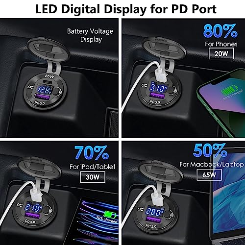 83W 12V USB Power Outlet, Qidoe Aluminum 65W PD USB-C Laptop Charger Socket and 18W QC3.0 Car USB Port with Digital Voltmeter Button Switch Smart Boosting 12V USB Outlet for Car RV Marine Boat Moto - Thumbnail 5