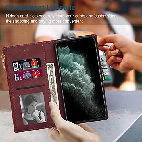 DEFBSC Case for Samsung Galaxy S20 FE, Stitching Zipper Case Premium PU Leather Magnetic Closure Card Holder Slots Zipper Pocket Case with Wrist Strap TPU Shockproof Flip Case Cover - Wine Red