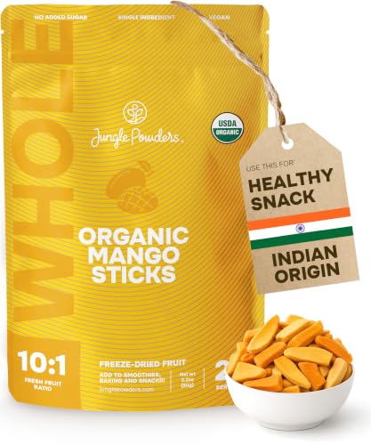 Jungle Powders Organic Freeze Dried Mango Sticks 3.2 Ounce Bag USDA Certified Mango Slices, No Sugar Added Crispy Fruit Snack, Single Ingredient Fruit Dried Mangoes Healthy Snacks for Kids & Adults