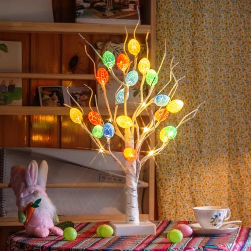 DELICHTER Albero di Pasqua, albero luminoso con decorazione pasquale, funzionamento a batteria, rami decorativi per primavera, casa, feste, con 18 uova crepate