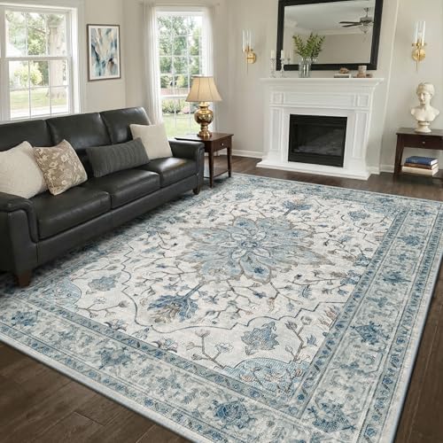 RELEANY Area Rugs 8'x10' Washable Non-Slip, Floral Vintage Distress Print