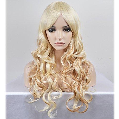 RightOn 28’’ Long Curly Two Tone Natural Loose Wave Highlight Wigs Hairnet Included (Blonde Mixed Light Brown)