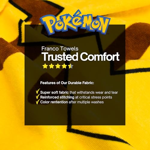 Image of Pokemon Pikachu Kids Super Soft Bath /Pool /Beach Soft Cotton Terry Hooded Towel Wrap, 24 in x 50 in, (Officially Licensed Product) By Franco
