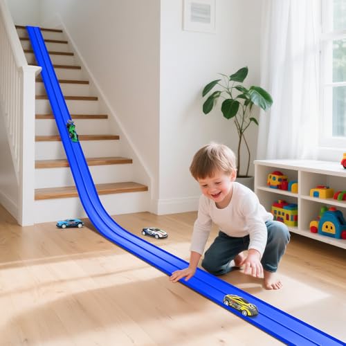 ketiee flex tracks 16ft for kids flexible race car ramp track with 4 small racecars and 8 suction cups compatible with hot wheels and diecast 164th cars rolls up portable racetrack for ages 3 amp up