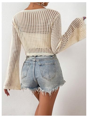 MakeMeChic Women's Boho Plus Size Crochet Cardigan Long Sleeve V Neck Tie Front Sweater Crop Tops3