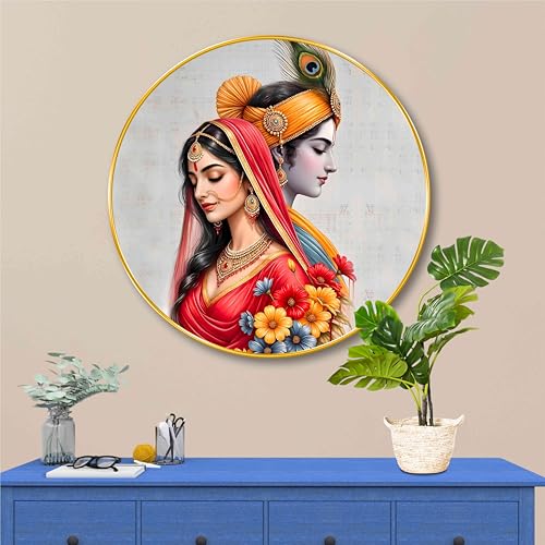Image of SAF Radha Krishna Divine Couple Wall Painting - Traditional Spiritual Artwork in Round Golden Frame | Eternal Love & Harmony Decor for Living Room, Bedroom, Pooja Room & Office (20 X 20 Inch) GRL-294