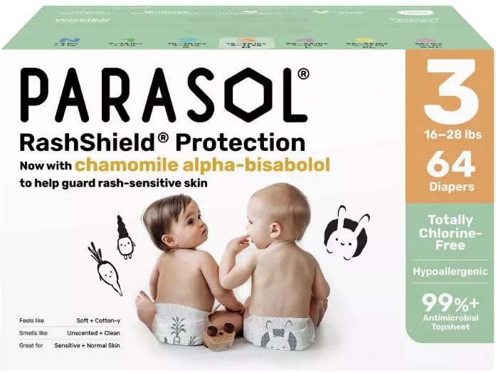 New Parasols Chlorine-Free Premium Diapers with RashShield Protection Size 3 64 Count 2 Pack of 32 Diapers