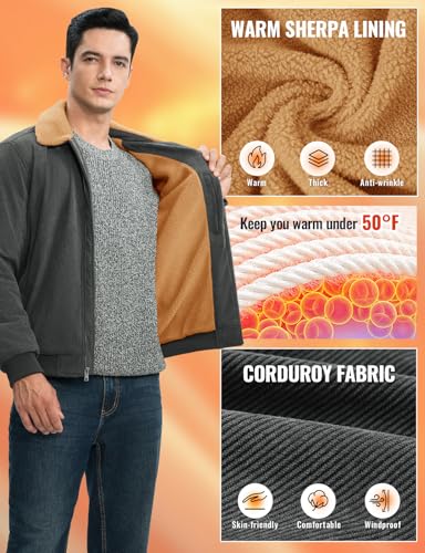 Image of Rdruko Men's Corduroy Sherpa Fleece Lined Jacket Turn-Down Collar Warm Winter Jacket, Dark Grey, XL