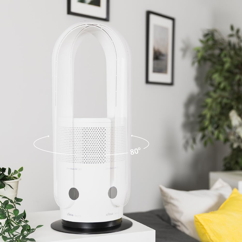 Ufesa Beijing Ventilatore e Purificatore d’Aria Senza Pale 2‑in‑1, 35W, Filtro HEPA13, CADR 90 m³/h, 9 Velocità, Oscillazione 80º, Ultrasilenzioso, Timer 8h, Display LED, Telecomando
