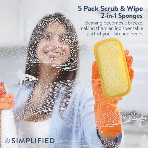 Image of Simplified 5-Pack Scrub & Wipe 2-in-1 Dishwashing Sponges - Non-Abrasive Cleaning Sponges, Double-Sided - Safe for Dishes, Non-Stick Pans or Glassware, Absorbent Dish Sponges, Yellow Leaves