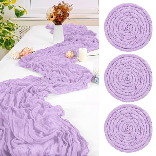 3 caminos de mesa color morado claro, 55 x 300 cm, camino de mesa romántico transparente, camino de mesa bohemio de gasa de 10 pies, camino de mesa rústico de tela de queso para boda, fiesta